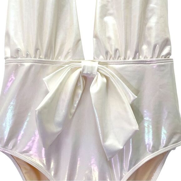 NWT Beach Joy White Metallic Plunge One Piece Swimsuit Size Medium Bridal Bow - Picture 8 of 16